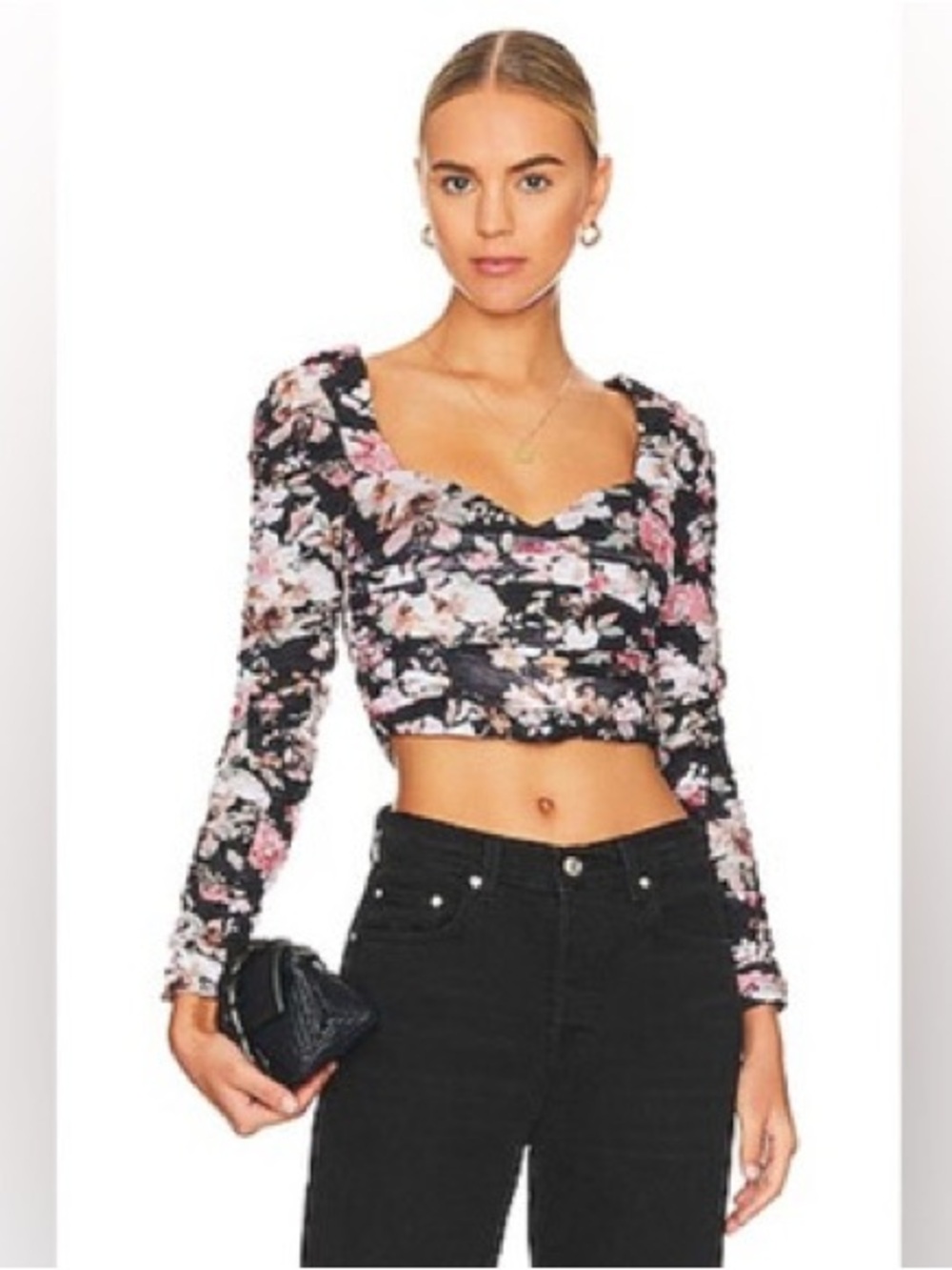 Astr Floral Long-Sleeve Cropped Top - Black & Pink
